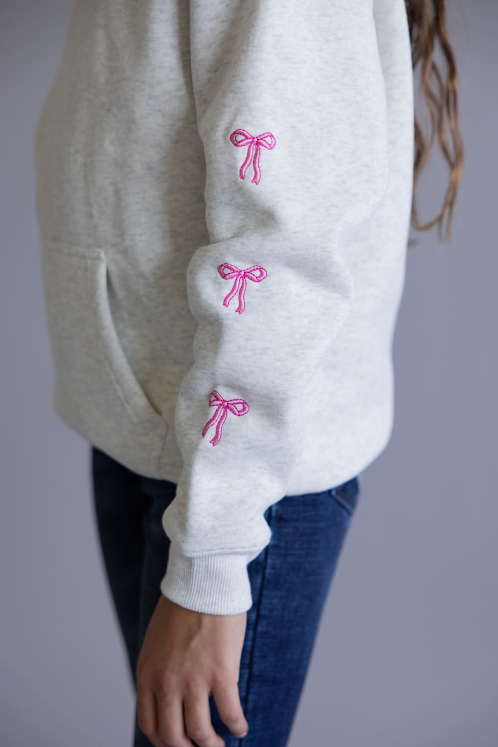 Simply Southern Youth Embroidered Dilara Bow Hoodie for Girls in Heather Grey