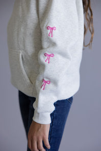 Simply Southern Youth Embroidered Dilara Bow Hoodie for Girls in Heather Grey