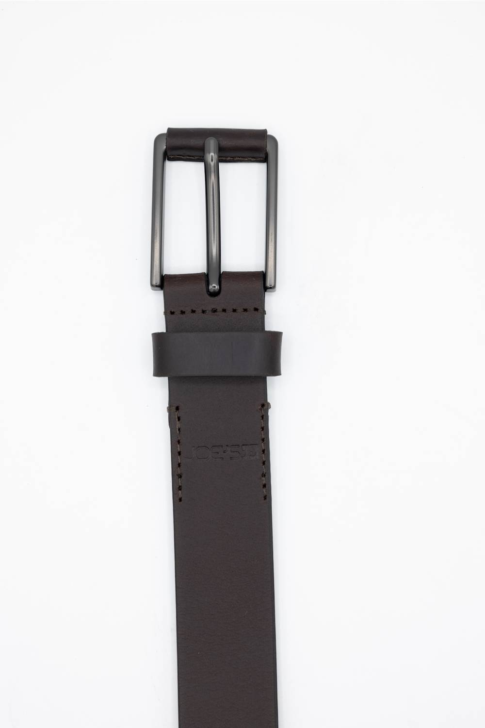 A dark brown leather belt with a matte black metal buckle, shown vertically against a plain white background.