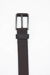 A dark brown leather belt with a matte black metal buckle, shown vertically against a plain white background.
