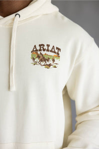 A close-up of a person wearing an off-white hoodie with a brown and green 'ARIAT' graphic on the left chest, featuring a cowboy riding a horse.