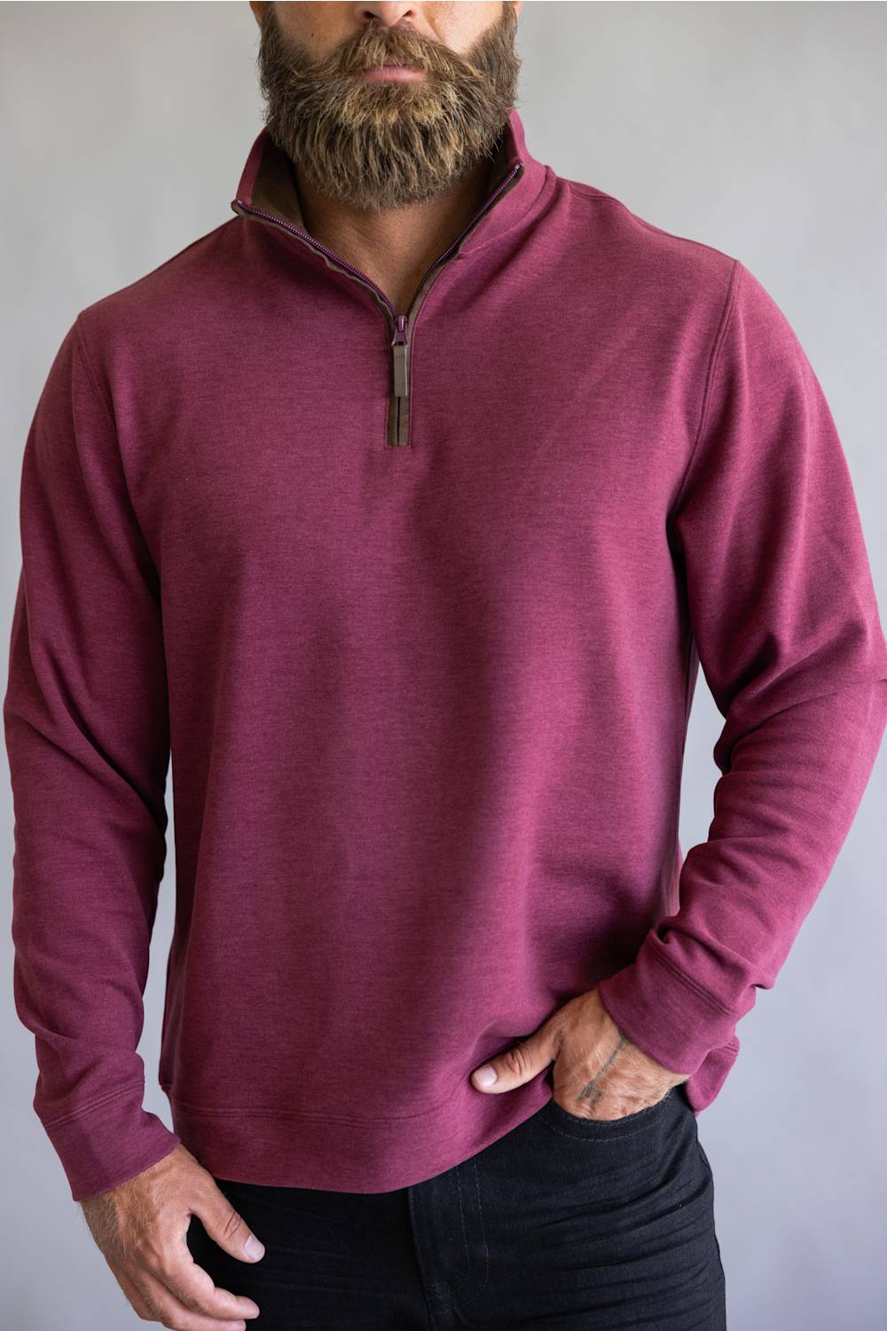 Buttery soft burgundy red zipneck sweatshirt, with brown zipper accents 