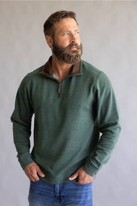 Buttery soft, zipneck pullover with brown zipper and collar accents 