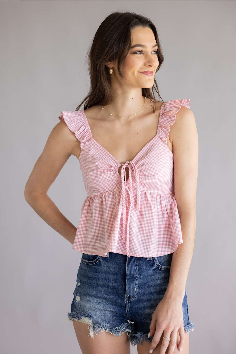 Gingham Front Tie Peplum Top for Women in Red