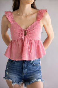 Gingham Front Tie Peplum Top for Women in Red