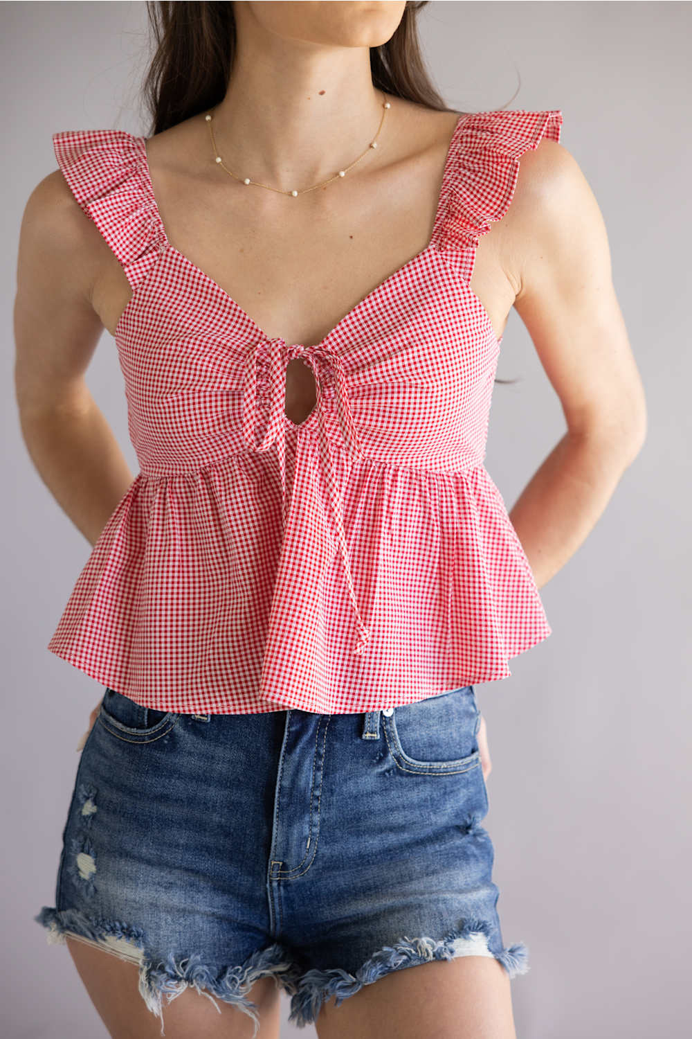Gingham Front Tie Peplum Top for Women in Red