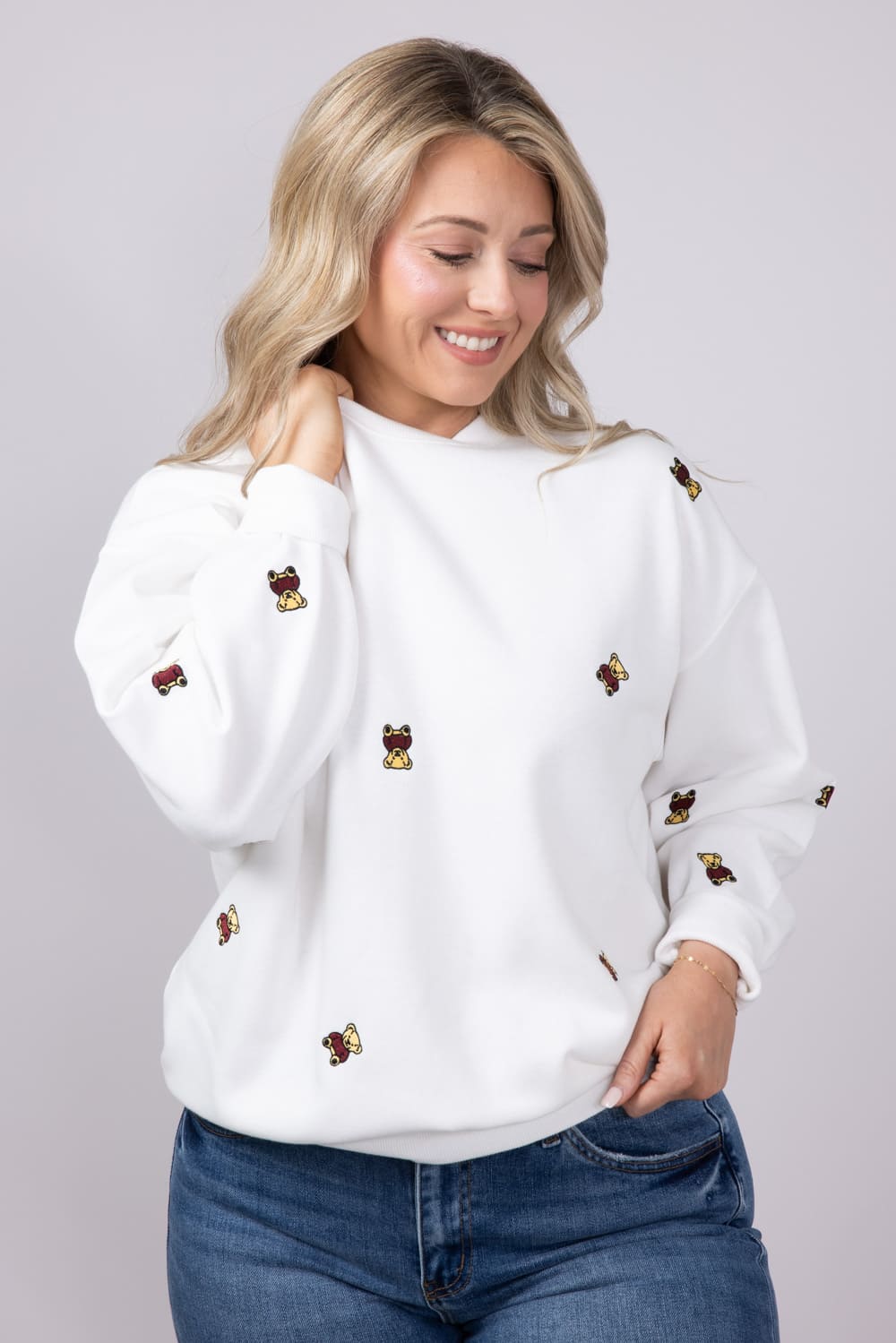 1897 Active Embroidered Bear Fleece Sweatshirt for Women in Ivory