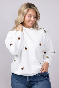 1897 Active Embroidered Bear Fleece Sweatshirt for Women in Ivory