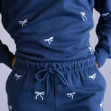 1897 Active Embroidered Bow Fleece Shorts for Women in Indigo Blue