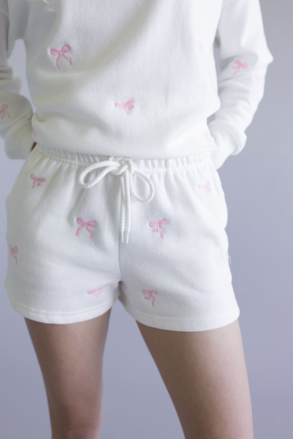 1897 Active Embroidered Bow Fleece Shorts for Women in Ivory