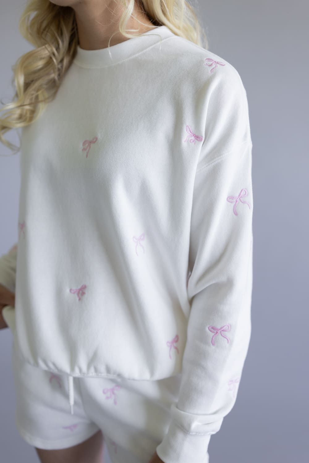 1897 Active Embroidered Bow Fleece Sweatshirt for Women in Ivory