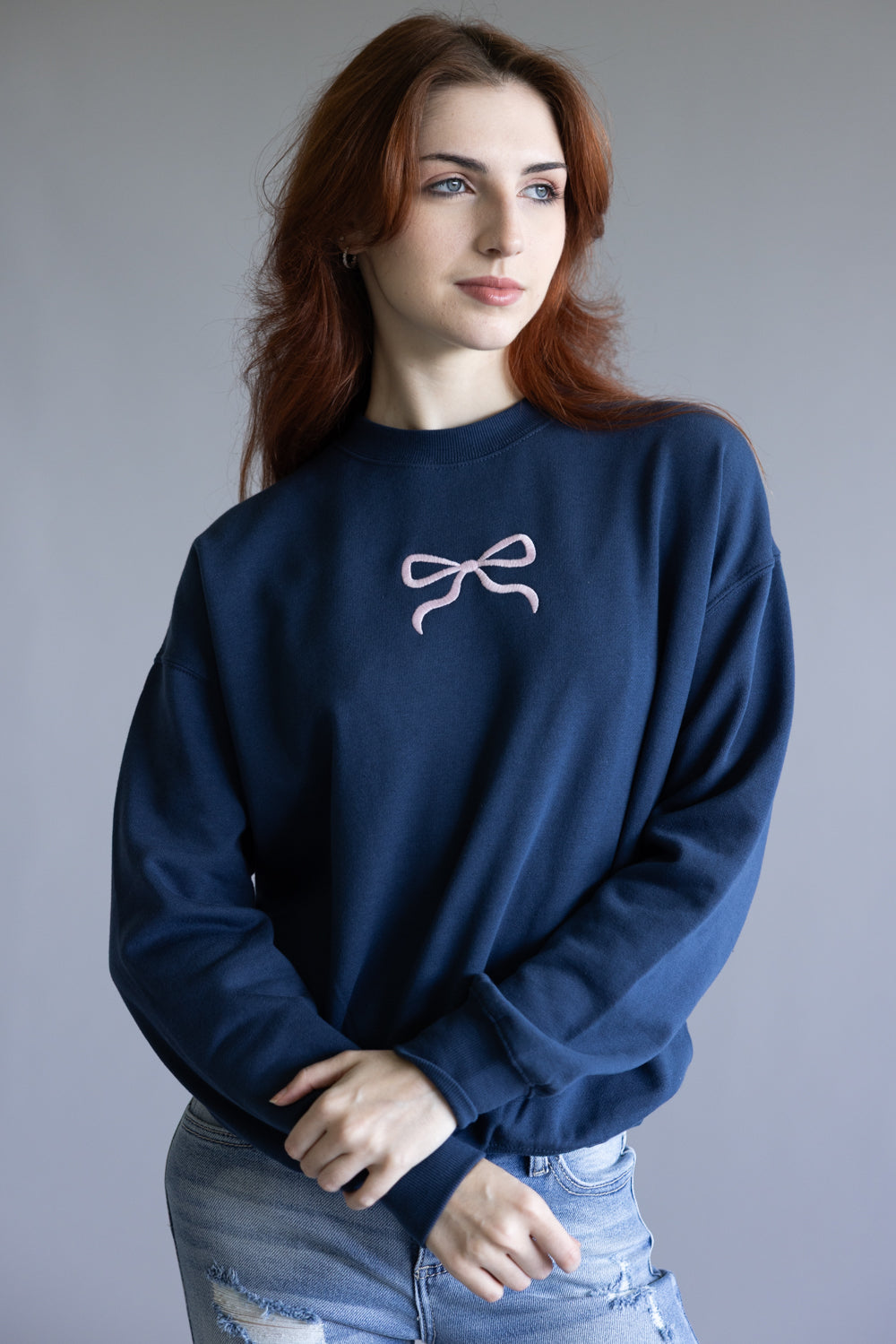 1897 Active Embroidered Center Bow Fleece Sweatshirt for Women in Indigo Blue