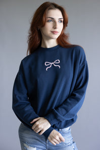 1897 Active Embroidered Center Bow Fleece Sweatshirt for Women in Indigo Blue
