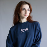 1897 Active Embroidered Center Bow Fleece Sweatshirt for Women in Indigo Blue