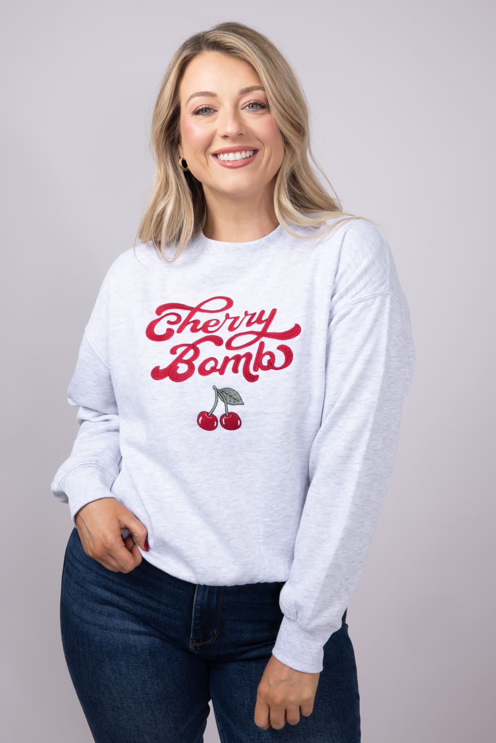 1897 Active Embroidered Cherry Bomb Sweatshirt for Women in Grey