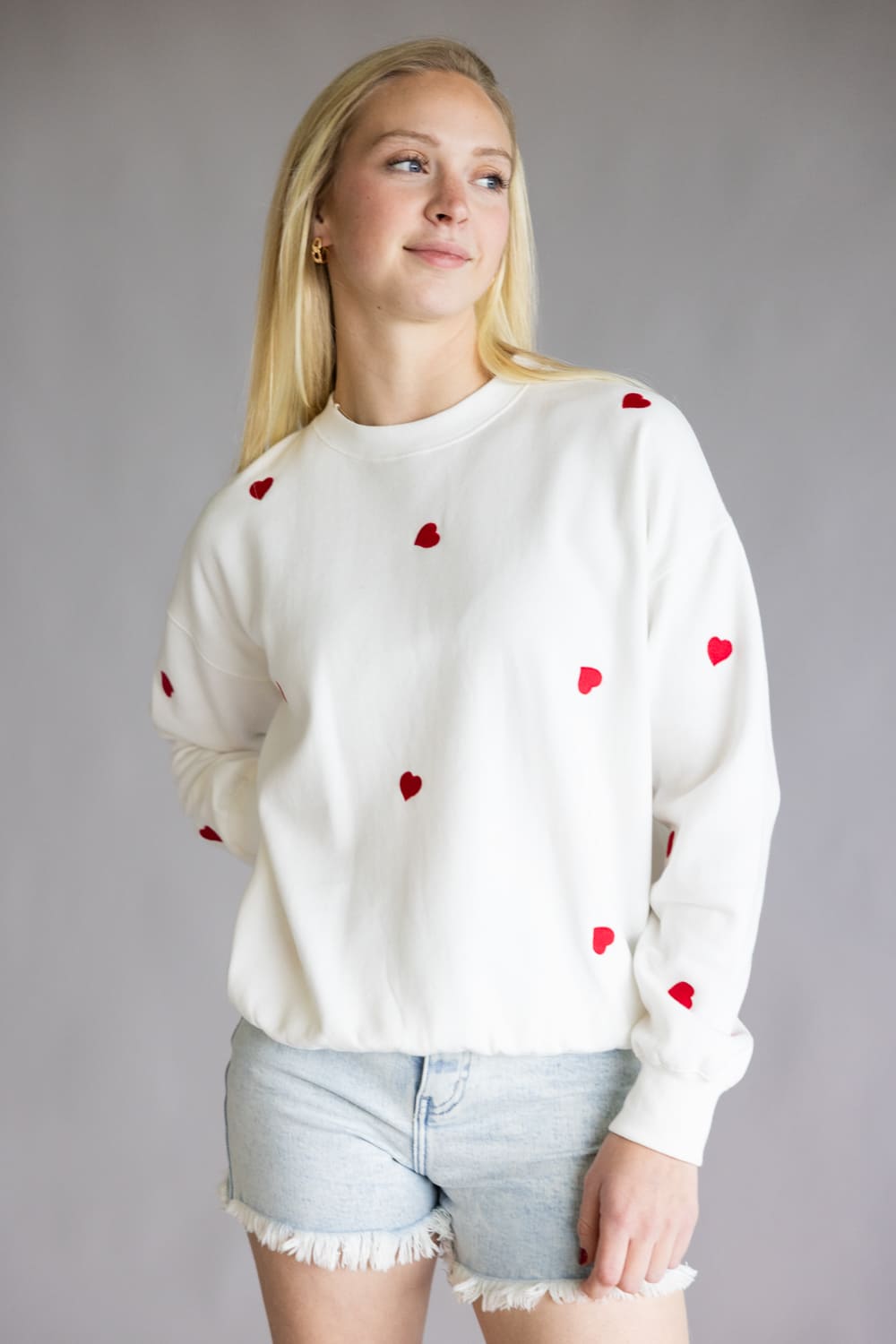 1897 Active Embroidered Hearts Fleece Sweatshirt for Women in Ivory/Red