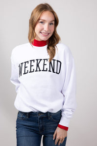 1897 Active Embroidered Weekend Fleece Crewneck for Women in White