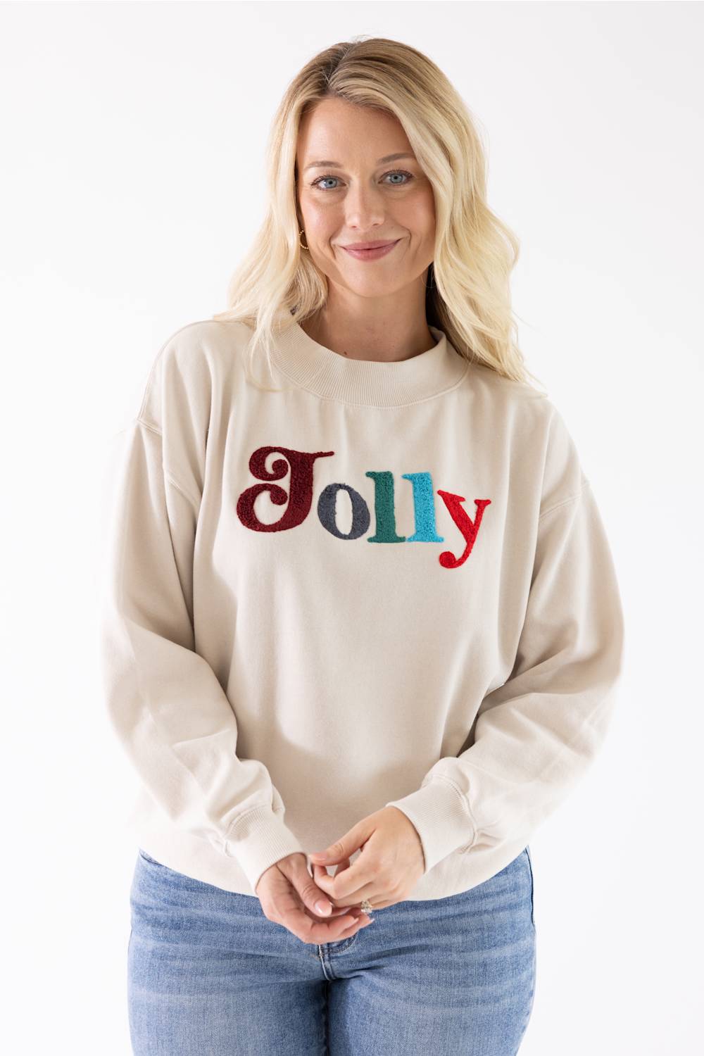 1897 Active Jolly Chenille Patch Mock Neck Sweatshirt for Women in Beige