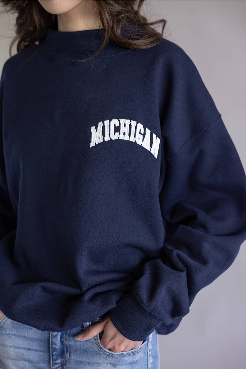 1897 Active Michigan Embroidered Mock Neck Sweatshirt for Women in Navy