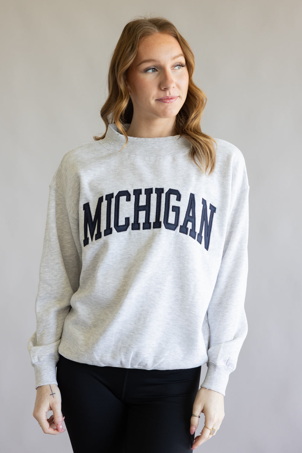 1897 Active Michigan Patch Embroidered Mock Neck Pullover for Women in Ice Grey/Navy