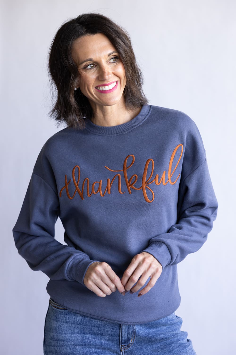 1897 Active Thankful Graphic Fleece Sweatshirt for Women in Blue