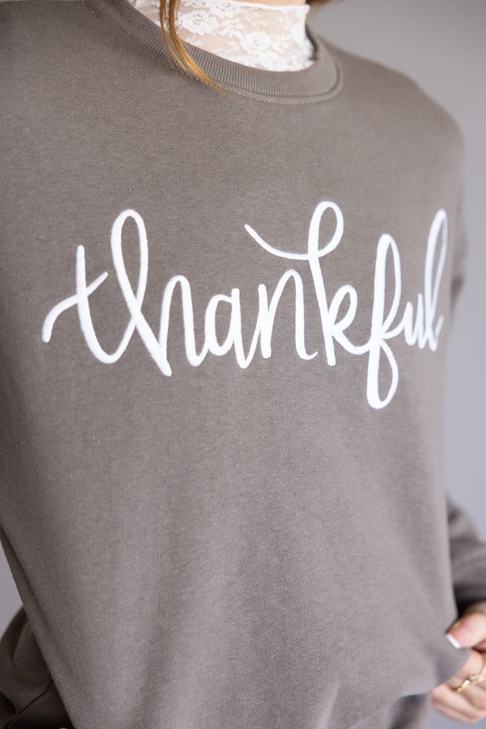 1897 Active Thankful Embroidered Fleece Sweatshirt for Women in Fossil | GT052-THANKFUL-FOSSIL