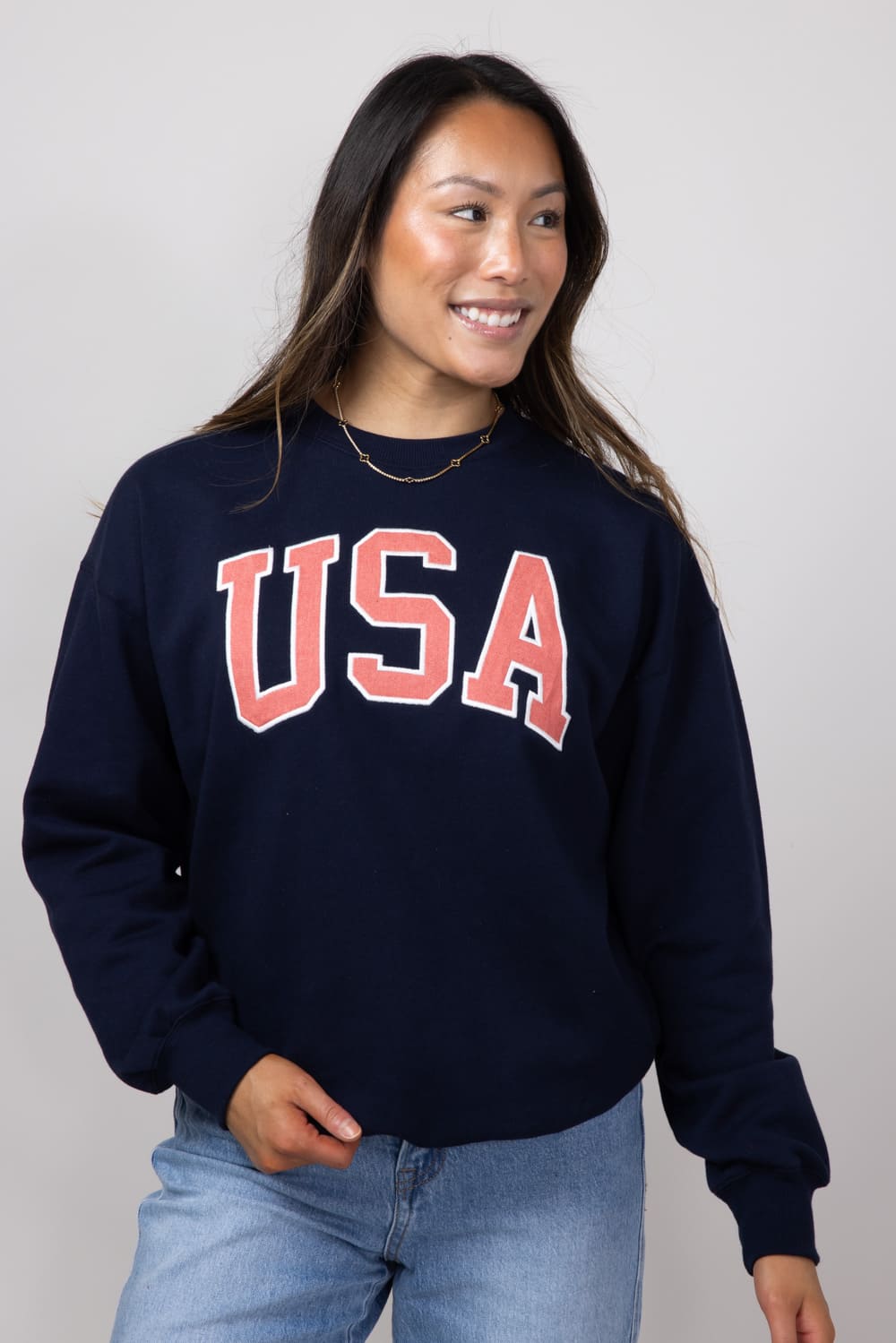 1897 Active USA Embroidered Fleece Sweatshirt for Women in Deep Navy