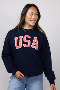 1897 Active USA Embroidered Fleece Sweatshirt for Women in Deep Navy
