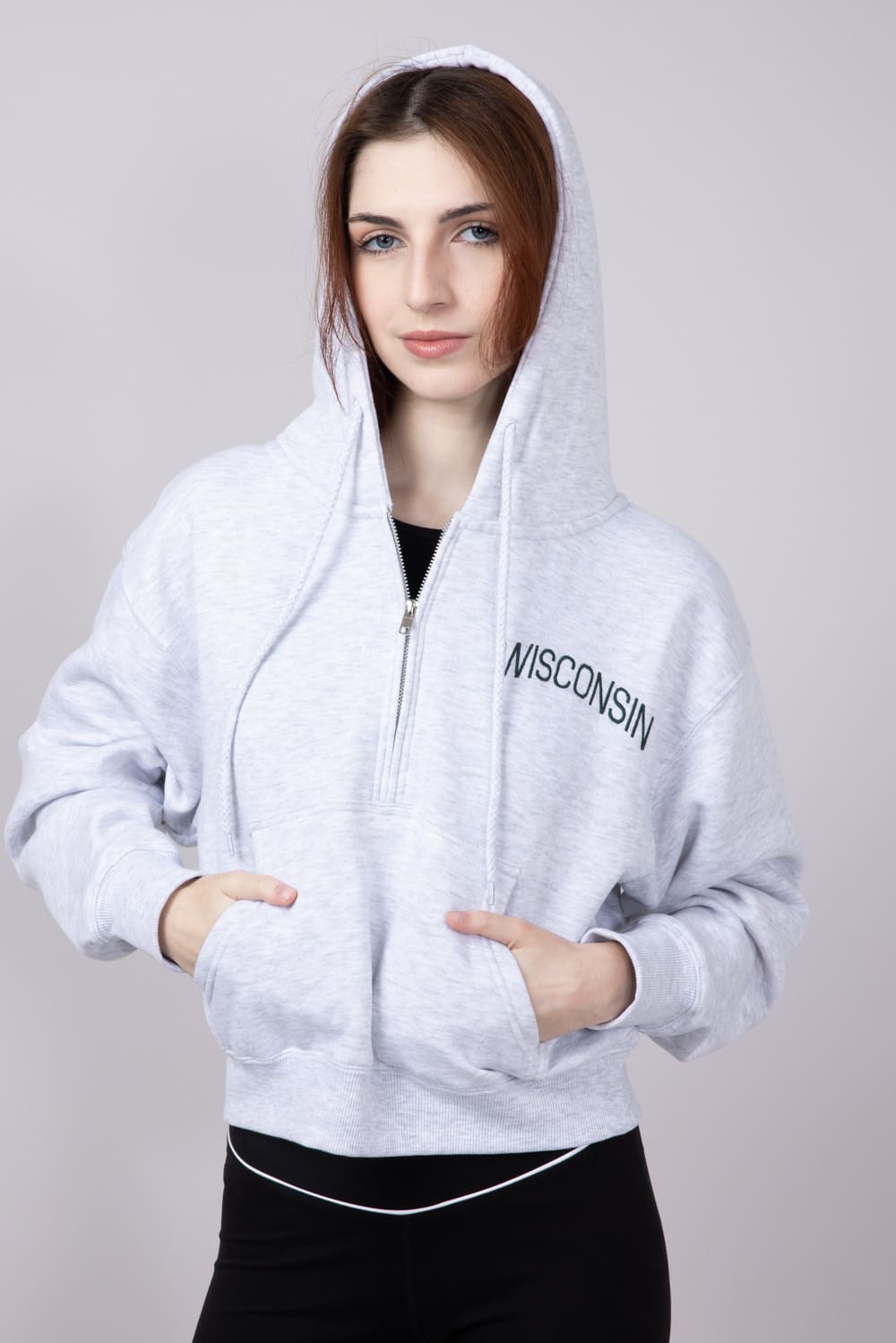 ☆NERDY☆ Women's Ribbon Hoodie Windbreaker White Light Grey 1897 Active ½ Zip Wisconsin Embroidered Hoodie for Women in