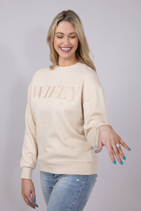 1897 Active Embroidered Wifey Fleece Sweatshirt for Women in Cream