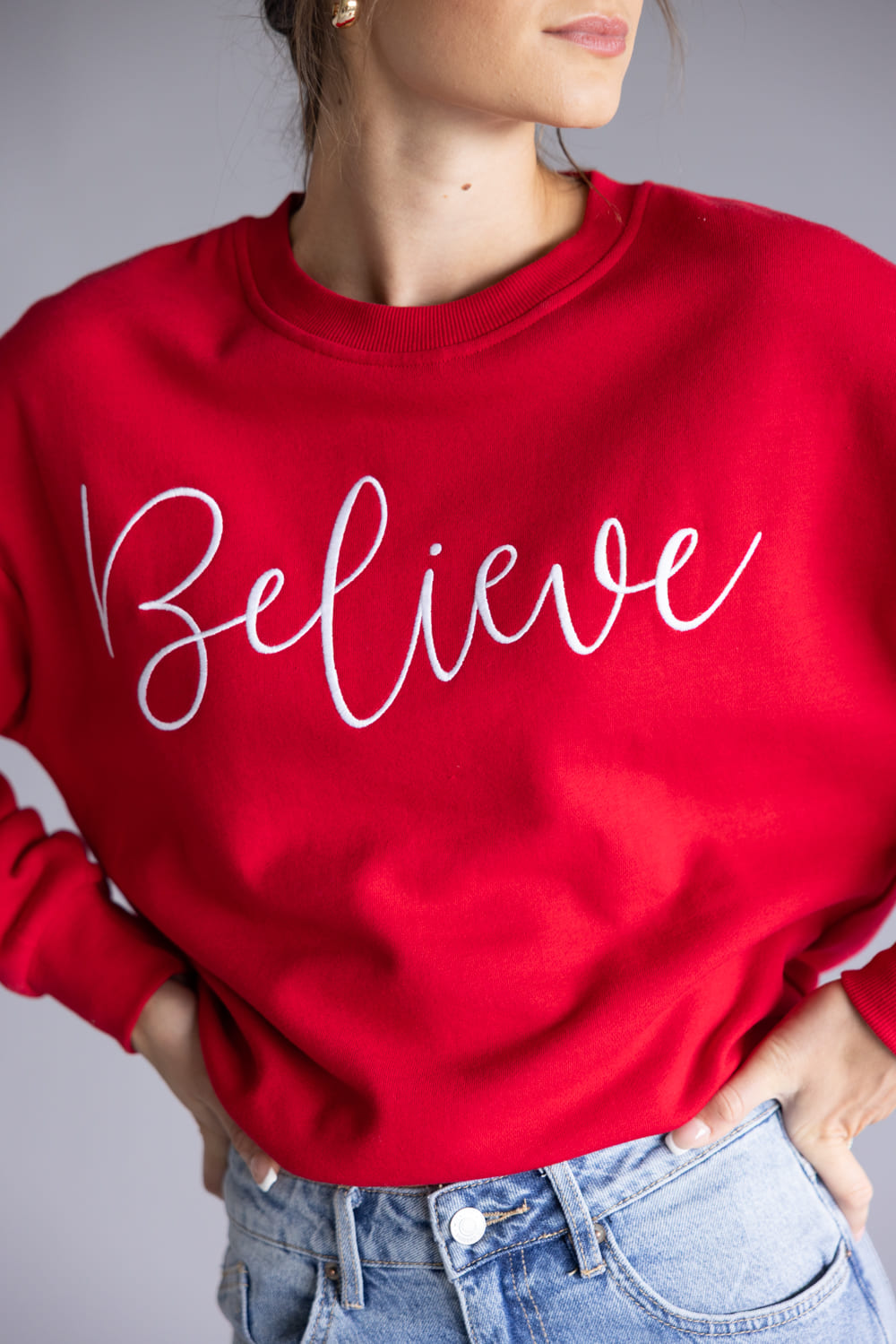 1897 Active Believe Embroidered  Fleece Sweatshirt for Women in Red
