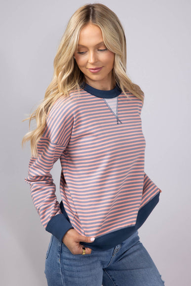 Color Trimmed Striped Top for Women in Pink Charcoal