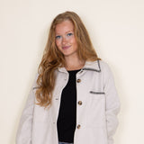 Embroidered Stitch Edge Felt Shacket for Women in Light Oat