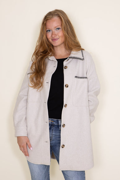 Embroidered Stitch Edge Felt Shacket for Women in Light Oat
