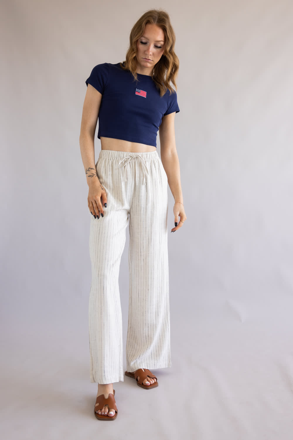 Striped Wide Leg Linen Pants for Women in Off White
