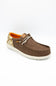 A brown suede slip-on shoe with a patterned heel, white laces, and a white textured sole, shown on a white background.