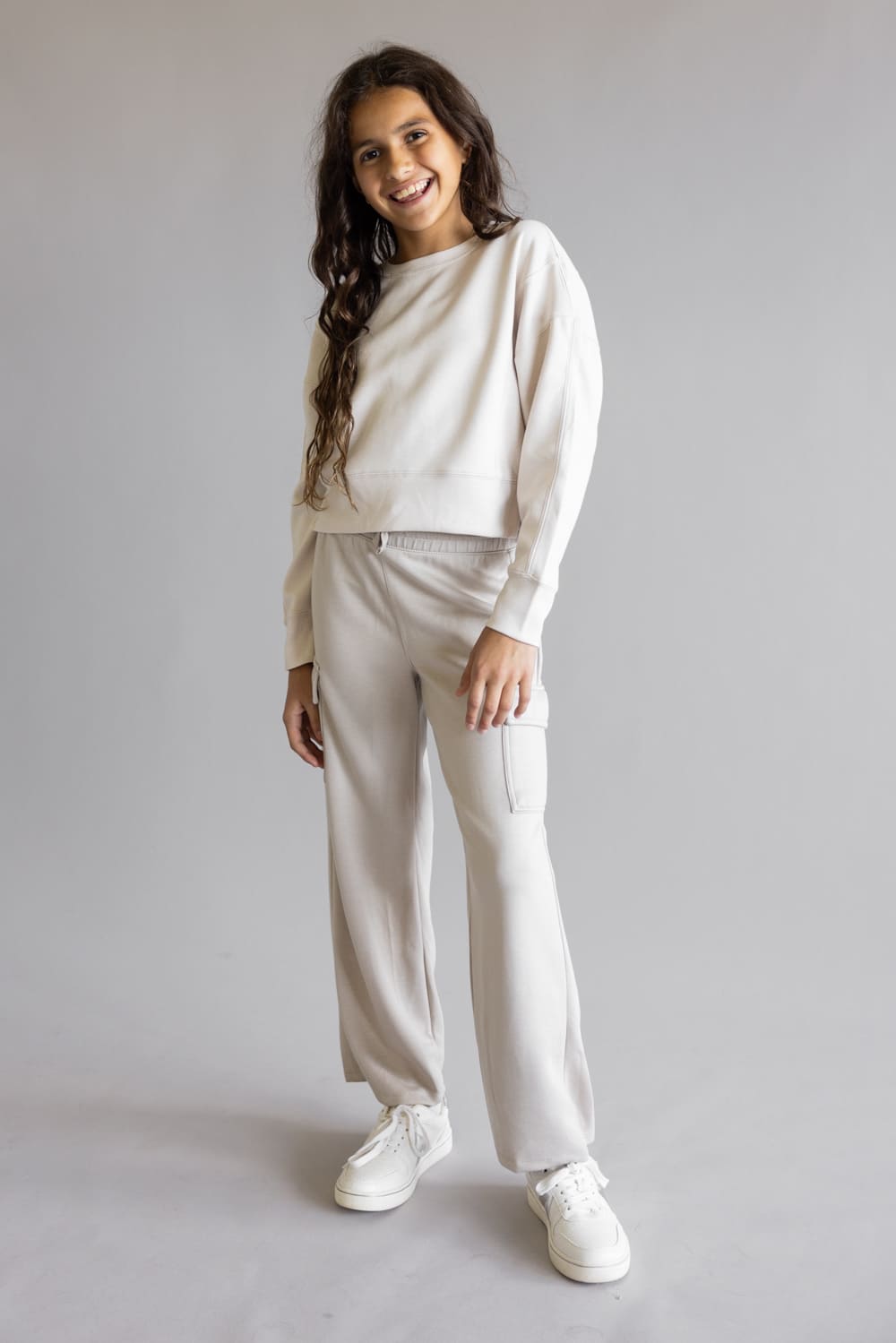 Youth Pullover & Wide Leg Pant Set for Girls in Grey/Beige