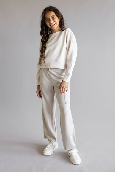 Youth Pullover & Wide Leg Pant Set for Girls in Grey/Beige
