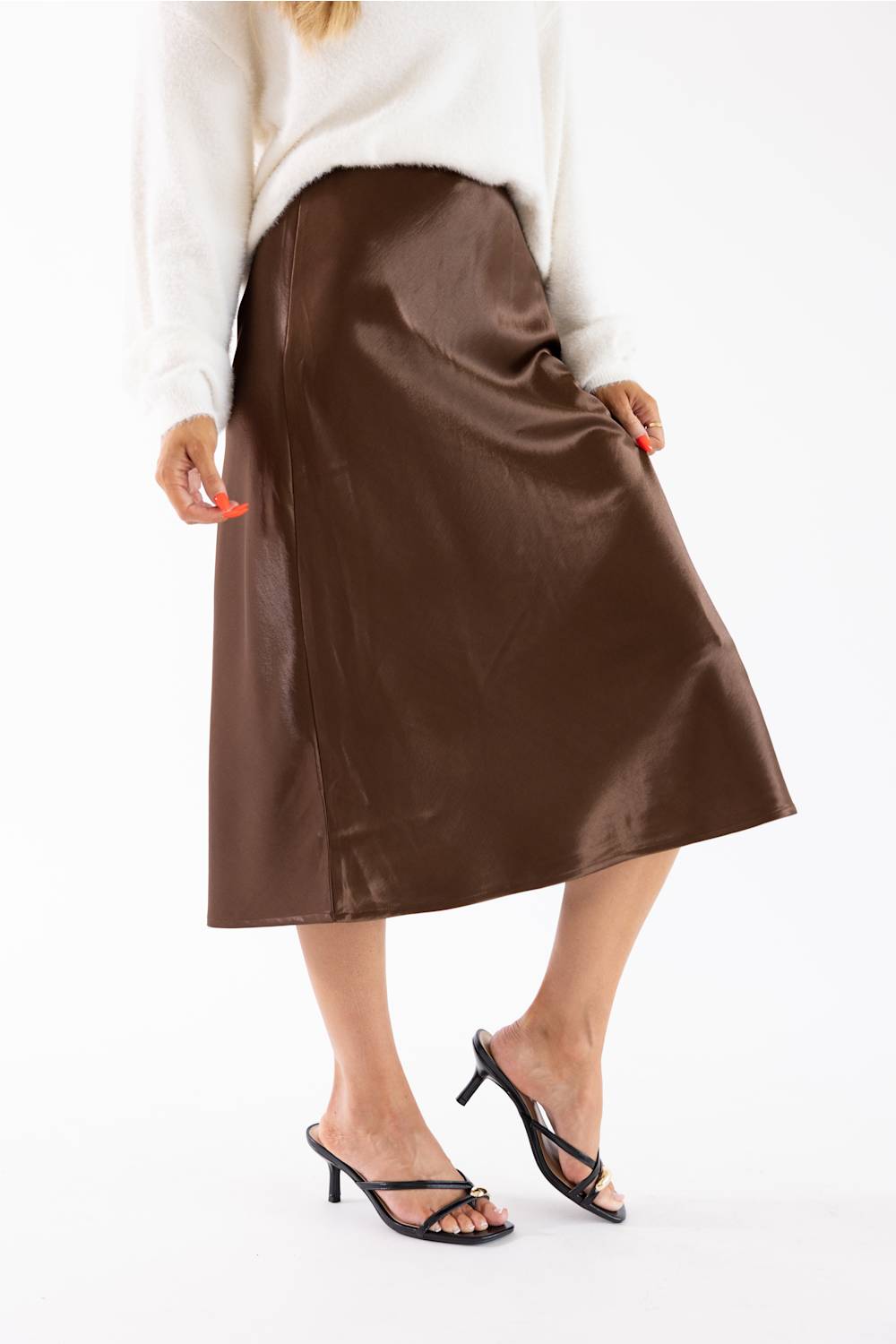 Aaron & Amber A-Line Satin Midi Skirt for Women in Brown | AJS5484-BROWN