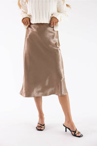 Aaron & Amber A-Line Satin Midi Skirt for Women in Latte | AJS5484-LATTE