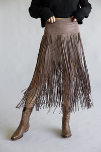Aaron & Amber Suede Fringe Midi Skirt for Women in Chocolate 