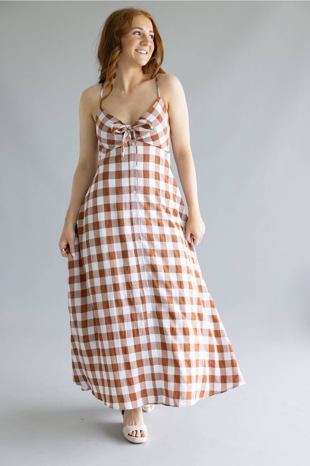 ACOA Gingham Midi Dress for Women in Brown/Ivory