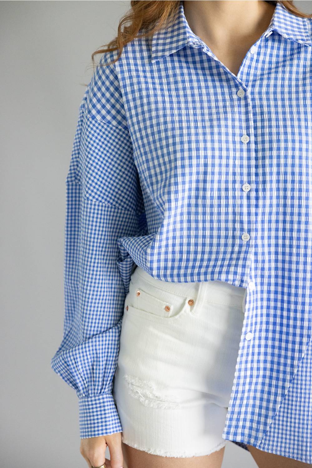 ACOA Mixed Gingham Oversized Button Up Shirt for Women in Blue