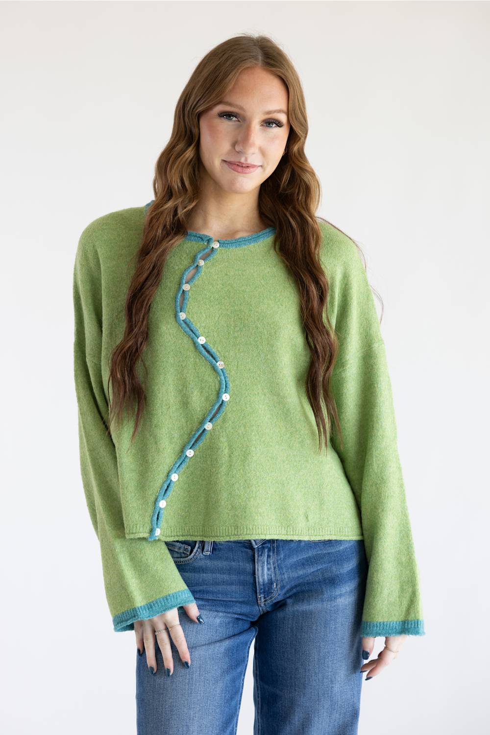 ACOA Oversized Wavy Front Cardigan for Women in Green | ACJ50596