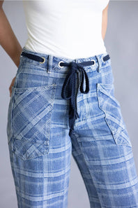 Aaron & Amber Drawstring Plaid Barrel Jeans for Women in Denim