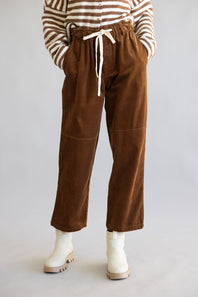 Allie Rose Drawstring Corduroy Barrel Pants for Women in Brown