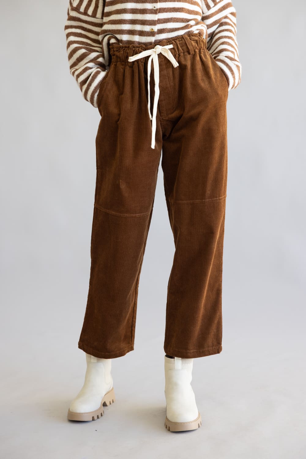 Allie Rose Drawstring Corduroy Barrel Pants for Women in Brown