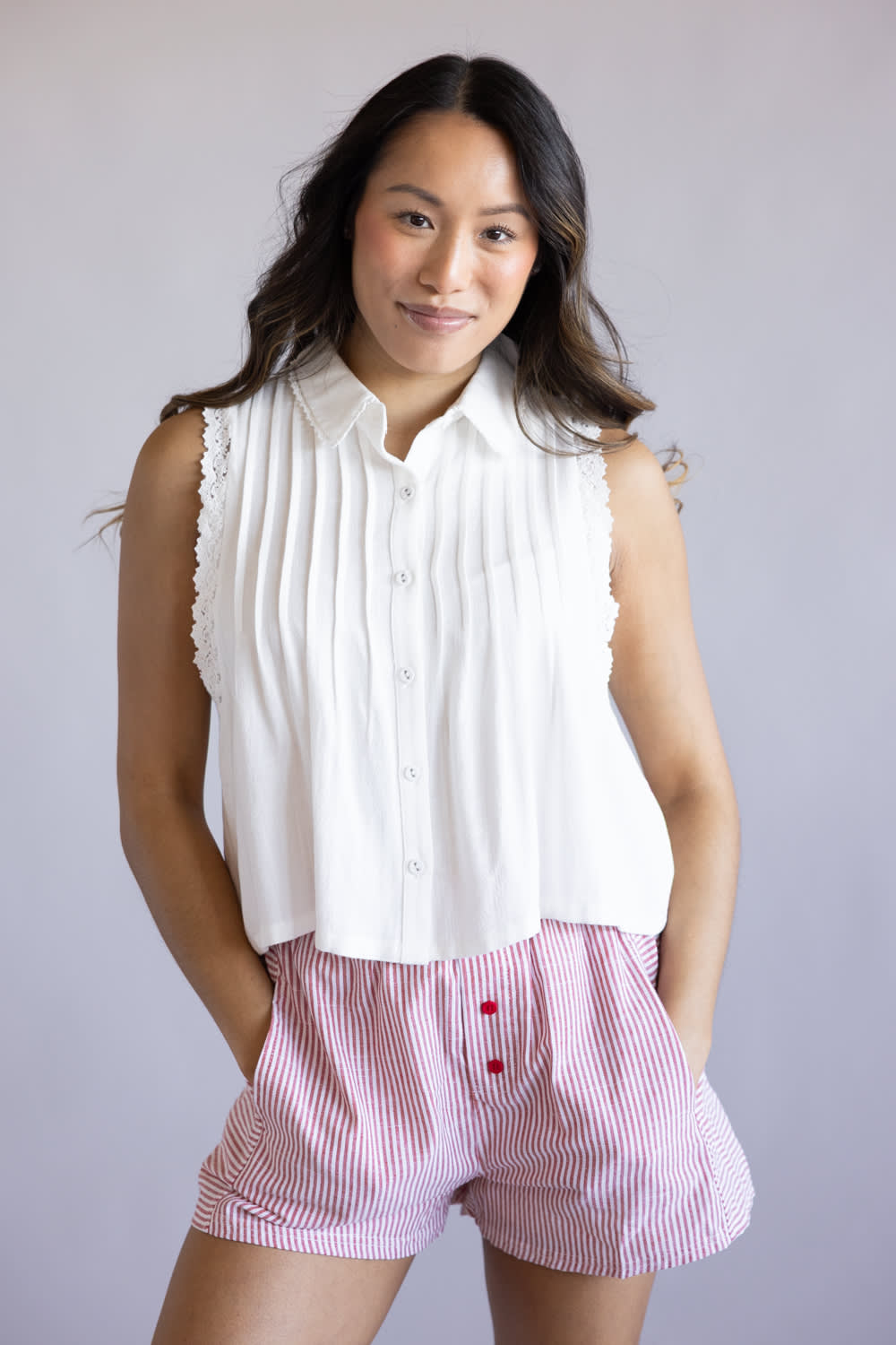 Button Front Pintuck Linen Top for Women in Off White