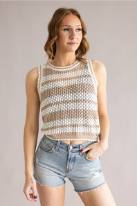 Striped Crotchet Sweater Tank for Women in Taupe