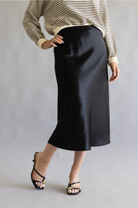 Aaron & Amber A-Line Satin Midi Skirt for Women in Black